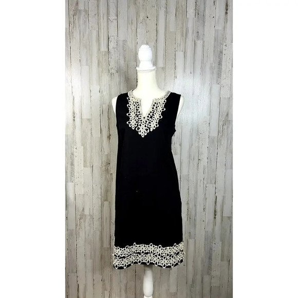 Mudpie Women's‎ Medium Black Shift Dress w/ Gold Lace Trim Sleeveless V-Neck - Picture 2 of 7